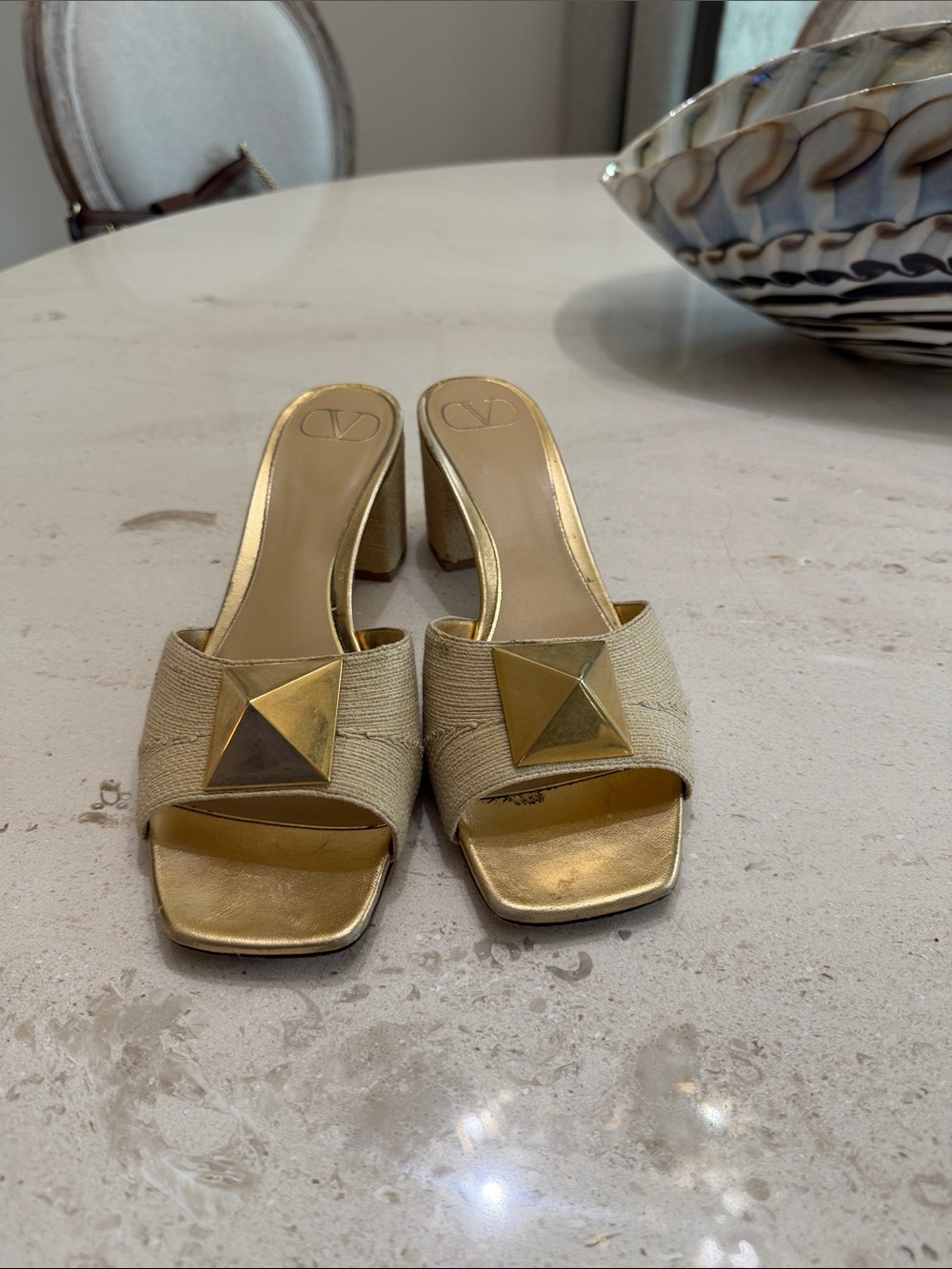 Valentino Garavani Beige and Gold Pyramid-Accent Mules